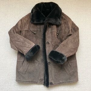 Vintage brown genuine leather fur trim coat
